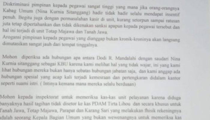 Beredarnya Surat Kaleng Soal Laporan Bobroknya Manajemen PAM Tirtalihou Kabupaten Simalungun